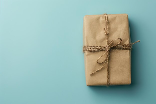 A brown gift wrapped in twine on a blue background