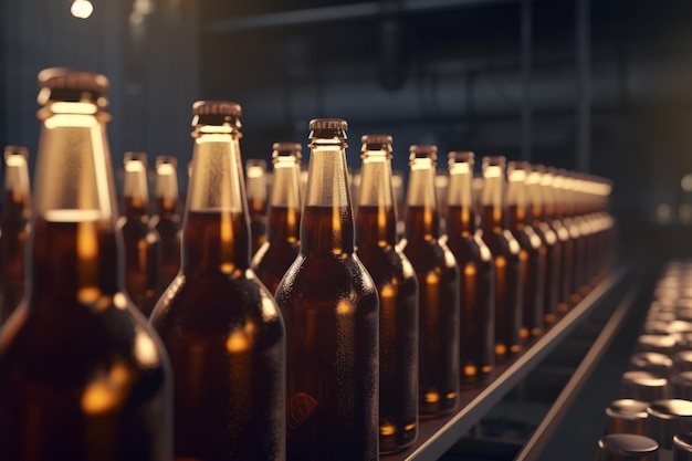 Brown glass beer bottle brewery convey Created with generative AI technology