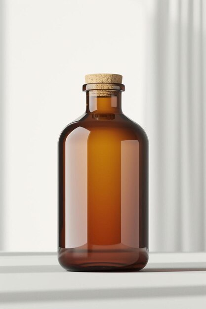 a brown glass bottle sitting on top of a table