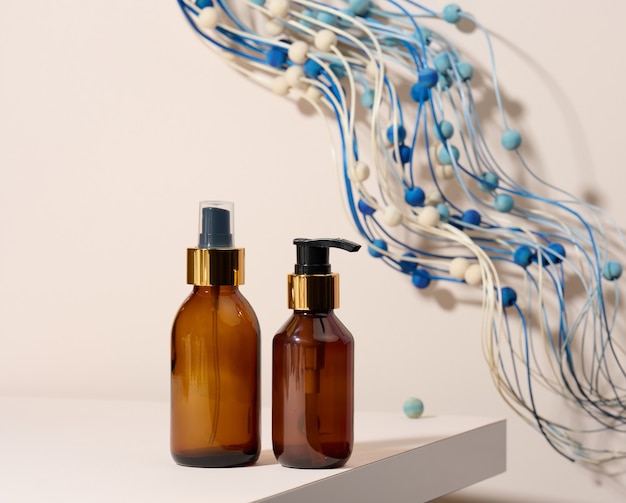 Brown glass bottle with black pump of cosmetic products on white table. Natural organic spa cosmetic, beauty concept. Mockup