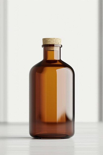 Foto una bottiglia di vetro marrone con un tappo di sughero