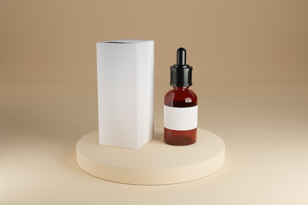 Brown glass cosmetic bottle with blank white box on stage. 3d render.