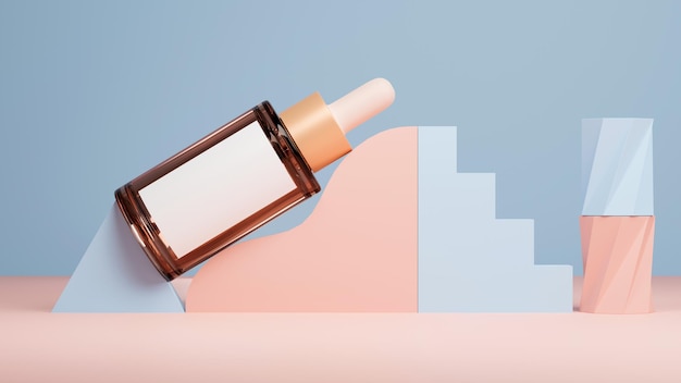 Il modello cosmetico del flacone contagocce in vetro marrone sul siero 3d di sfondo astratto pastello minimo rende