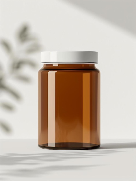 a brown glass jar with a white lid