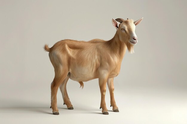 A brown goat standing on top of a white floor