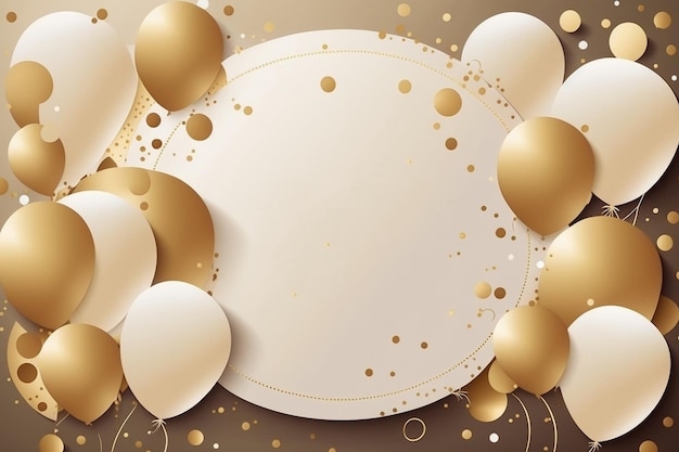 A brown and gold background with a round frame with balloons and a white circle