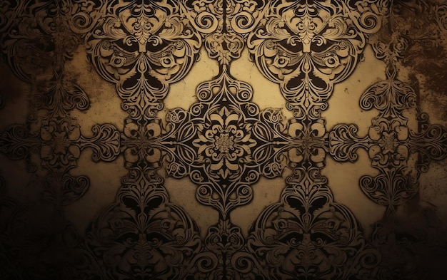 A brown and gold wallpaper with a floral pattern