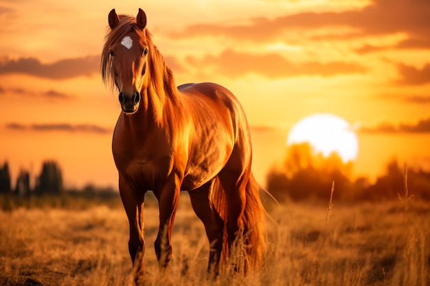 日没時のフィールド上の茶色の優雅な馬動物の肖像画