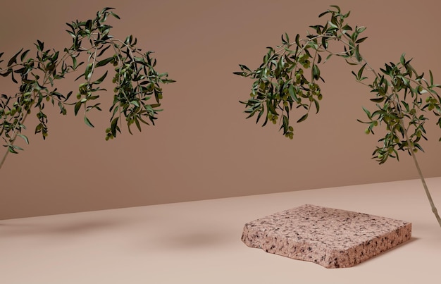 brown granite rock podium or stone stage and leaves branch for presentation cosmetic. mock-up stand