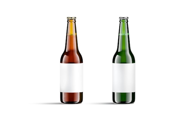 Brown and green glass beer bottle with white label mockup. Flask or vial for alchohol lager mock up.