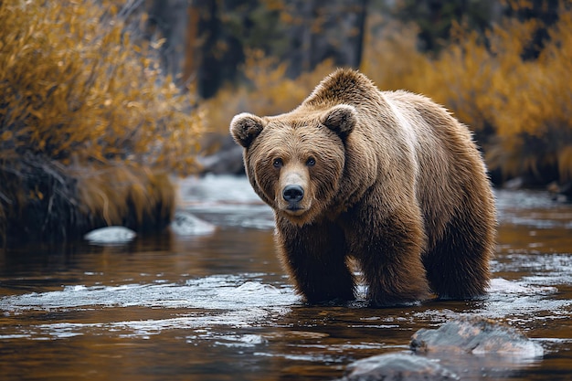 brown grizzly bear catch fish in forest river in spring