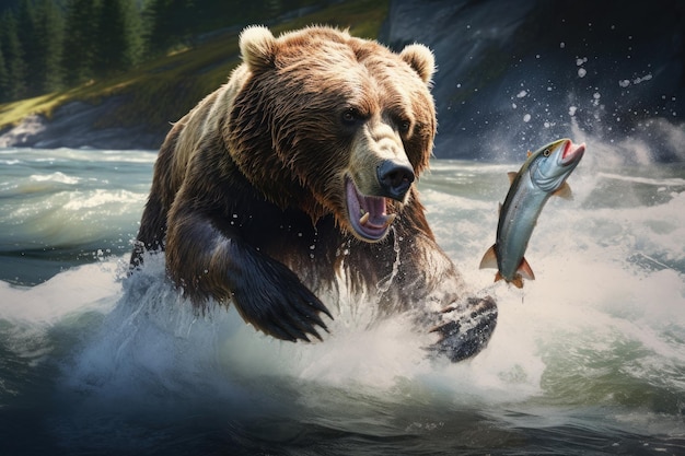 Brown Grizzly Bear catching a salmon in the river AI generative