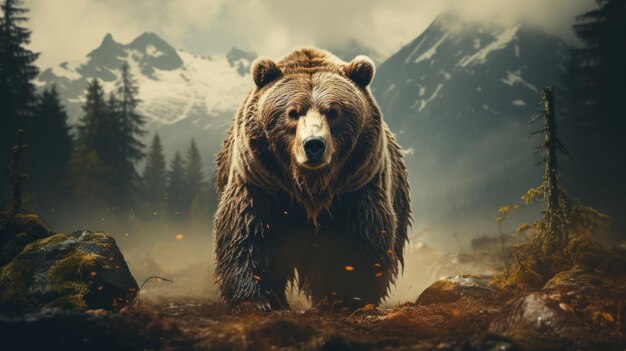 사진 자연적인 생성 ai를 사용하여 야외에서 이중 노출된 갈색 회색곰