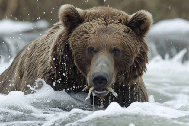 A brown Grizzly bear is fishing on the river Hunting