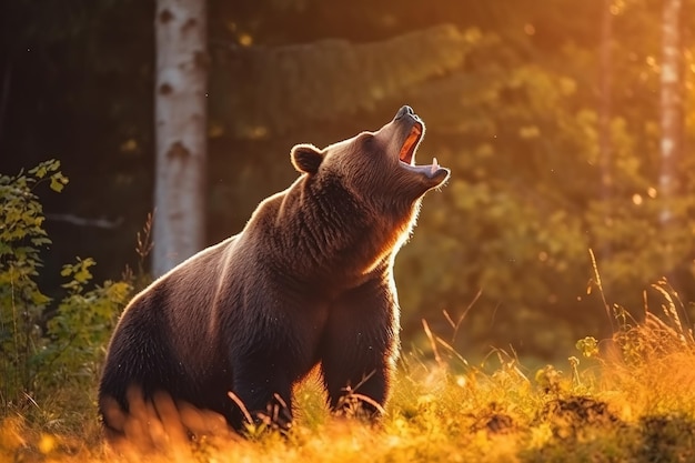 Бурый медведь гризли ревет в утреннем лесу Генеративный Ай