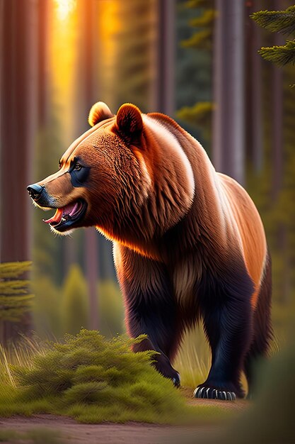 Коричневый медведь гризли ревет в утреннем лесу