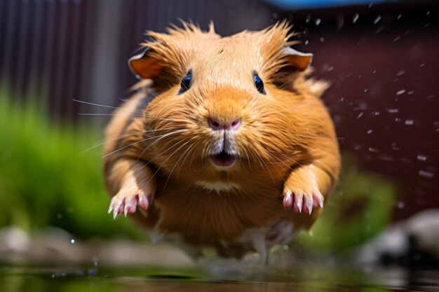 a brown guinea is jumping into a pond