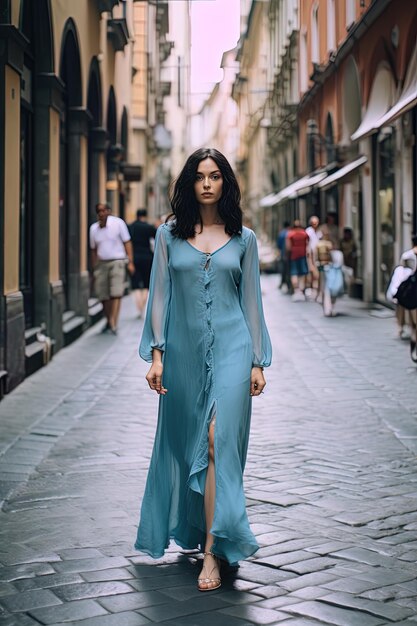 Brown hair woman walking in the street person walking in the city generative AI