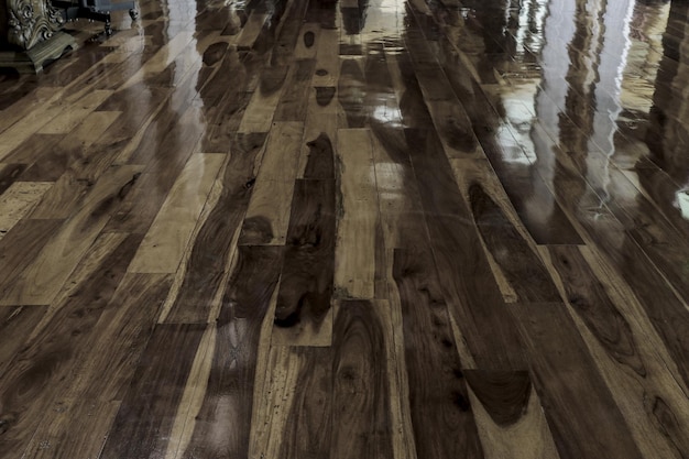 Brown hardwood floors with a shiny lacquered finish