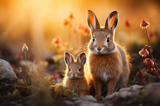 Brown hares Lepus europaeus on a spring meadow Two wild animals stand in a beautiful meadow sta