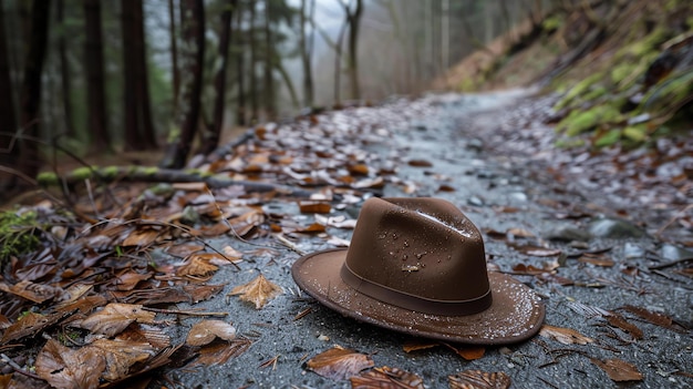 A brown hat lies on the ground in a forest The hat is made of felt and has a wide brim It is wet from the rain