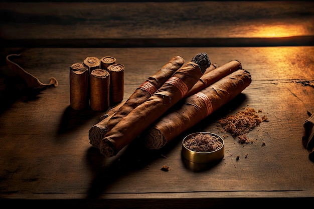 Brown havana cigars lying on wooden table