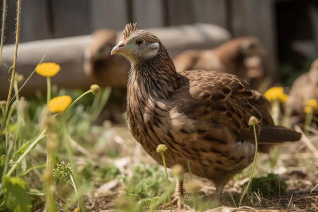 Brown hen with chicks in the field by the barn generative IA