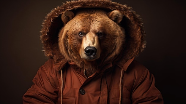 Photo brown hipster bear in a coat on a brown background