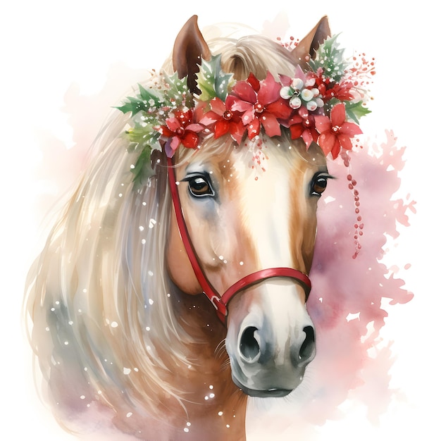 Brown Horse in floral plant spring frame circle white background AI Generated