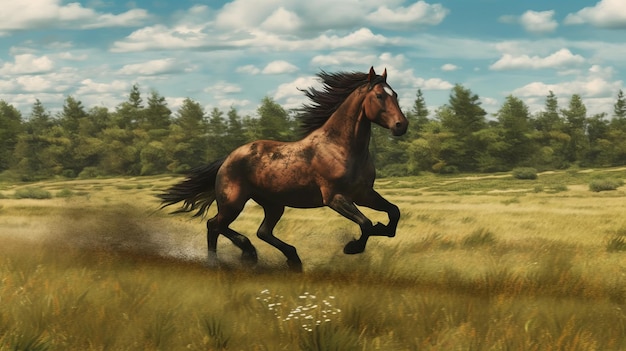 A brown horse galloping through a meadow AI generated