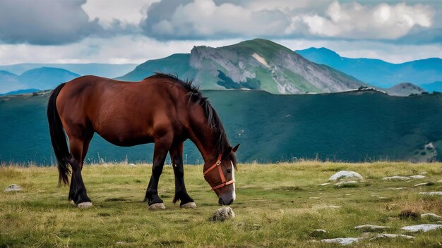 Коричневая лошадь пасется на горе Пенас-де-Ая в Ойартзуне, Гипускоа, Испания