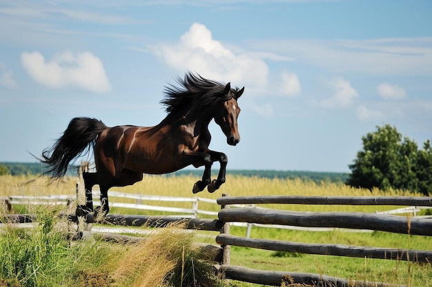 a brown horse jumping over a wooden fence