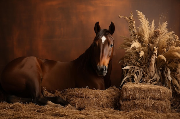 The brown horse resting on a brown background