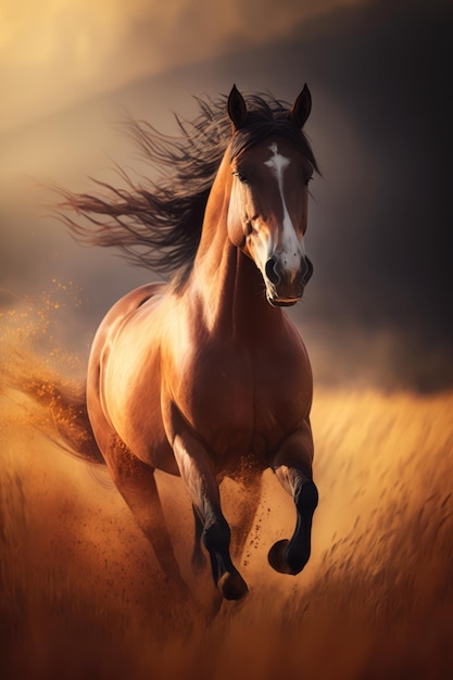 Brown horse running in field created using generative ai technology