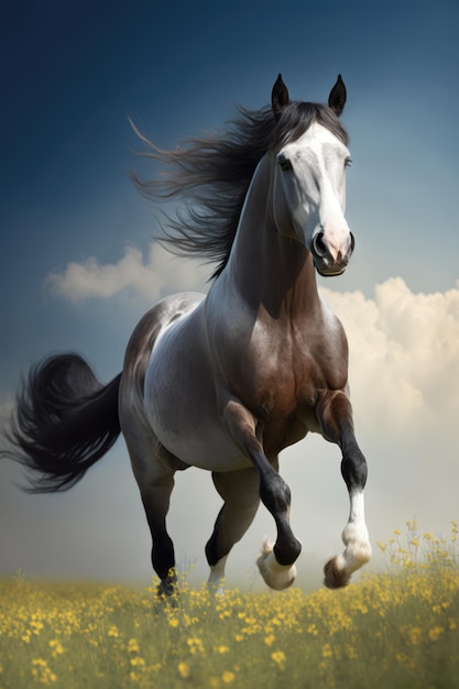 Коричневая лошадь бежит по лугу, созданная с использованием технологии генеративного искусственного интеллекта