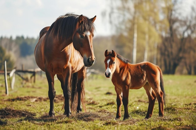 A brown horse standing next to a baby horse