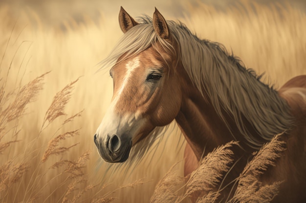 Brown horse standing in field created using generative ai technology