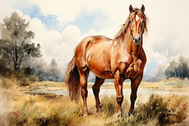 水彩で描かれた草原に立つ茶色の馬