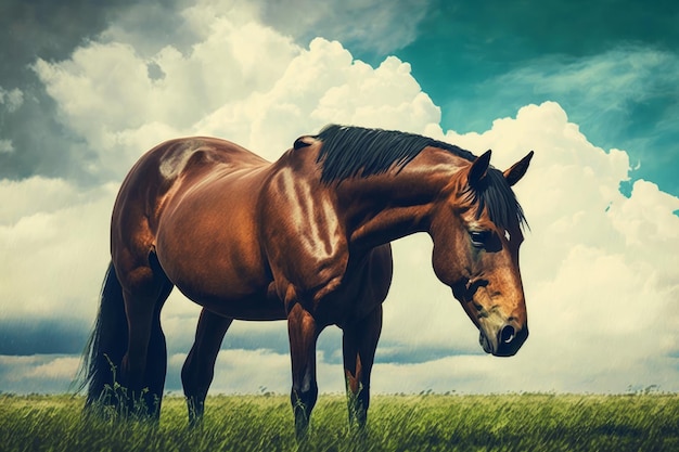 Brown horse standing on top of lush green field under cloudy blue sky Generative AI