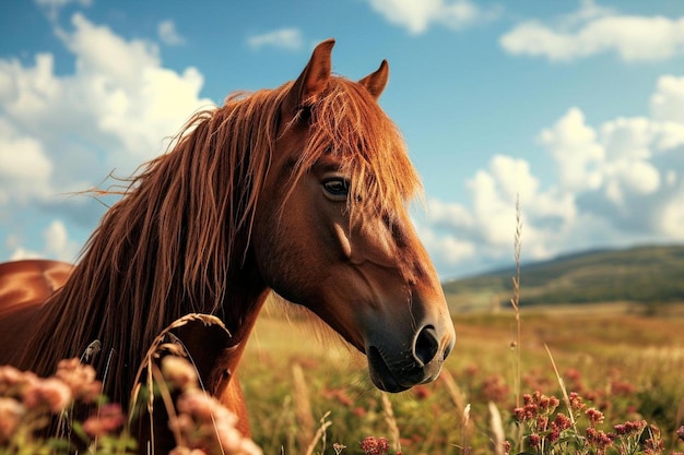 a brown horse standing on top of a lush green field