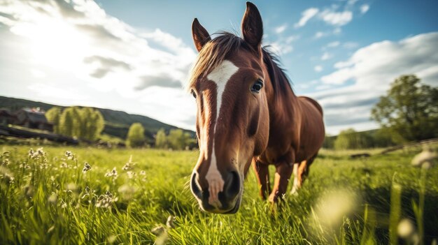 A brown horse standing on top of a lush green field