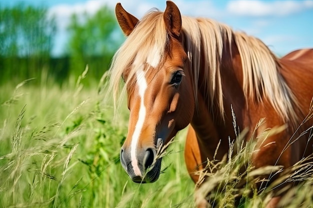 ブロンドの髪を持つ茶色の馬は、緑の牧草地の細部で頭から草を食べる