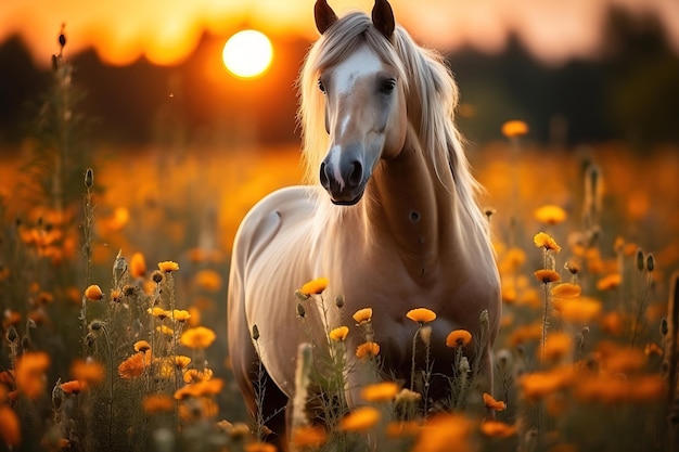 夕暮れ時のオレンジ色の花の森に白いたてがみを持つ茶色の馬