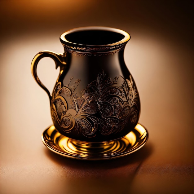 A brown jug with a floral pattern sits on a saucer.