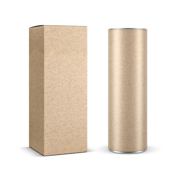 Макет коробки из коричневой крафт-бумаги с жестяной банкой из бумажной трубки на белом фоне 3d-рендеринга