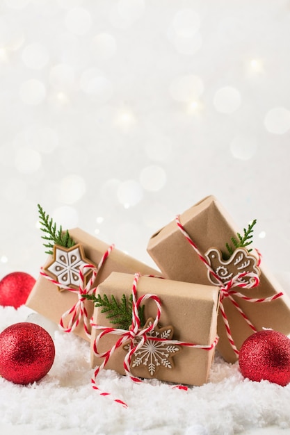 Brown kraft paper parcel tied with red and white string