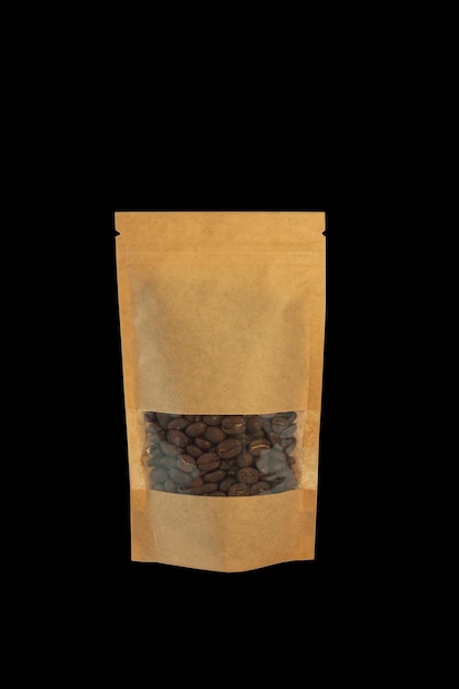 Brown kraft paper pouch bags front view isolated on a black background Packaging for foods and goods template mockup