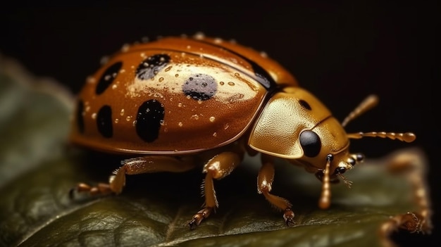 A brown ladybug sits on a leaf.