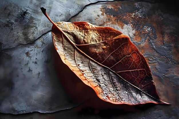 Photo a brown leaf laying on top of a rock