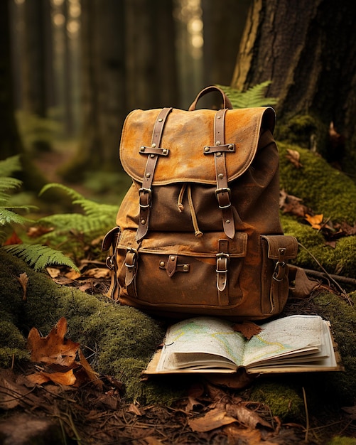 brown leather backpack and map in a forest setting